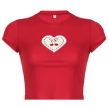 Basic Cherry Heart-Shaped Printed Round Collar Slim Red Short-Sleeved T-Shirt New Spring / Summer 2024 Style-Outfit