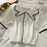 Summer Women Knitted Short Sleeve Patchwork Polo Collar Cropped T-shirts Girls Large Elastic Slim Tshirt Tees Crop Tops-Outfit