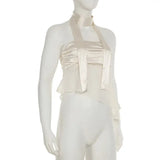 Satin Patchwork Mesh Bandage Crop Top-Outfit