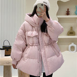 Korean Version Sweet Short Down Jacket Female 2024 Winter New Fashion Draw Rope Design Sense White Duck Down Add Thick Coat-Outfit