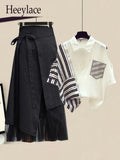 Women Summer korean two pieces set for women streetwear off the shoulder striped patchwork blouse and irregular mesh skirts