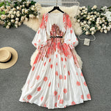 New Women's Dress Dress Oversized Printed Pleated Pleated Waist Belt Holiday Skirt-Outfit