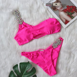 Diamond Bikini 2021 Sexy Solid One Shoulder High Cut Push Up Swimsuit Female Crystal Bathing Suit Brazilian Thong
