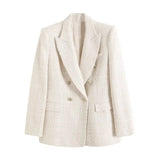 Fongt Women's Spring And Autumn Fashion Double Buckle Flowers This Lattice Suit Jacket Retro Long-Sleeved Pocket Suit Jacket