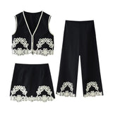 Fongt Summer New Women's Design Sense Fashion Set With Thin Embroidered Vest High-Waisted Trousers