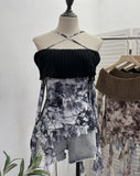 Real Shot Shoulder Cross Hanging Neck Knitting Mesh Yarn Coat Irregular Ribbon Horn Long-Sleeved T-Shirt