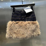 Faux Fur Patchwork Denim Mini Skirt-Outfit