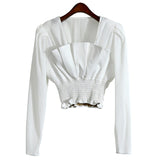 White Elegant Fold Pleated Slim Shirts Female Square Collar Long Sleeve Korean Fashion Blouses 2022 Spring