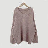 Solid Color V-Neck Oversized Sweater-Outfit