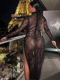 Women's Elegant Turtleneck Mesh Hollow Out Maxi Dress Full Sleeves Body-shaping Robe Lady Evening Attirewear Vestidos-Outfit