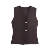 Fongt Summer Women's Solid Color Repair Gold Button Knitted Vest Blouse B62038