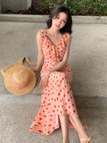 Fongt Xixi 2025 Summer New Korean Version Of High-Waisted Holiday Sling Dress V-Neck Print Pure Desire Skirt 88279