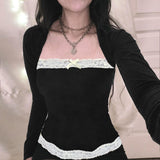 French Lace Trim Splice Slim Long Sleeve Tee-Outfit