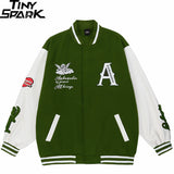 Men Baseball Jacket Embroidery Love Angel HipHop Streetwear Harajuku Jacket 2022 Loose Varsity Jacket Coat Green
