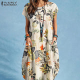 ZANZEA Summer Woman Vintage Dress Bohemian Floral Printed Holiday Casual Robe Vestidos O-Neck Short Sleeve Knee-length