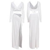 Ladies Clothes Sets Solid White Black Ruched V-neck Long Sleeve Crop Tops+Split Wrapped Skirt Women Street Fashion