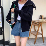 Fongt Lazy Wind Big Lapel Cardigan Zipper Jacket Women's Autumn And Winter New Wide Soft Waxy Sweater Top-Outfit