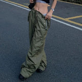 Army Green Low Rise Parachute Pants Women Cyber Y2K Vintage Pockets Cargo Trousers Oversize Wide Leg Joggers Edgy