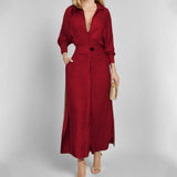Fongt 2024 New Temperament Female Commuter Belt Solid Color Waist Long Sleeve Irregular Shirt Dress