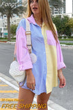 Women‣s Fresh Girlish Style Button Down Oversized Shirts Long Sleeve Striped Print Color Block Loose