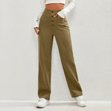 Fongt Fashion New Women's Casual Straight Pants High Waist Button Elastic Belt With Multiple