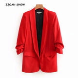 Candy Solid Color Ruched Cuff Mid Long Blazer With Lining Woman Shawl Collar Slim fit Suit Casual Jacket Coat