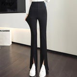 Split Zipper Buttons Women Trousers Korean Fashion Casual Office Lady Black Flare Pants Female High Waist Long Pants