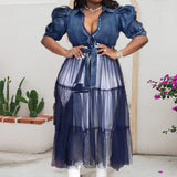 Fongt New Large-Size Women's Dress Open Shirt Temperament Commuting Blue Denim Splicing Cloth
