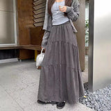 Pleated Stitching Elastic Waist Loose All-match Large Swing A- Line Dress-Outfit