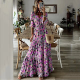 Fongt Summer New Women's Wear Temperament Holiday V Collar Print Large Place Long Dress-Outfit