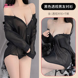 Sexy Chiffon Sling Dress Boyfriend Wind White Shirt Open Shoulder Pajamas Perspective Uniform Seduction