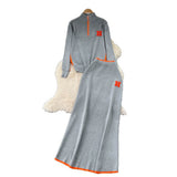 Fongt Simple Wind Bumpy Striped Knitted Sister Set With Long-Sleeved Sweater + High Waist Long Body Skirt Winter