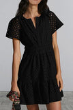 Fongt Women's V-Neck A-Shaped Hollow Lace Folded Short-Sleeved Mini Dress