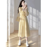 Fongt Yellow Bubble Sleeve Collar Dress Women Spring Lazy Wind Loose Waist Thin Swing A Word Dress