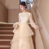 Fongt Dress Light Luxury Niche Banquet Host Graduation Dress 2025 New Champagne Long-Sleeved Art Exam Dress