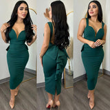 Party Casual Women's Dress Solid Color Hip Wrap Open Back Deep V Bow Elastic Split Ruffle Edge Sling Dress-Outfit