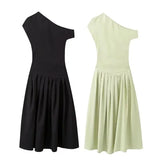 Fongt Women's Explosive Round Necker Slanted Shoulder Swing Dress