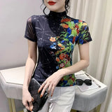 Printed Mesh T Shirt Women Short Sleeve Turtleneck TShirts Lady Basic High Stretch Tops Tees-Outfit