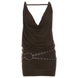 Fongt 2024 New Women's Versatile Fashion Silver Belt Decoration Brown Tight Dress-Outfit