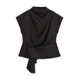 Spring Pleated Decorative Blouse Vertical Collar Sleeveless Solid Color Blouse 2267572-Outfit