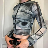 Fongt Autumn New T-Shirt Ins Personality Street Eye Print Slim