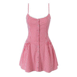 Fongt Two-Color Lattice Button Embellion With Joint Dress 2025 Spring New M11382