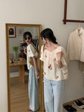 Chic Floral Printed Slash Neck Folds Top Women Sweet Ruched Loose Short Blouse Summer New