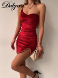 Solid Chain Patchwork Velvet Strap Mini Dress Side Slit Bodycon Sexy Streetwear Party Elegant Club Evening 2021
