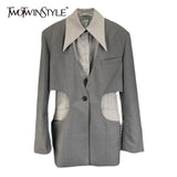 Casual Slim Patchwork Colorblock Blazer Female Long Sleeve Cut Out Fake Two Korean Fashion Jacket For Women