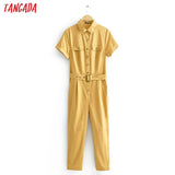 Women summer khaki solid cotton jumpsuit with belt short Sleeve pocket female boyfriend style Jumpsuit
