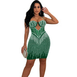 Fashion Women's Solid Color Mesh Diamond Halter Short Dress-Outfit