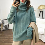 Lazy Wind Foreign Style High Collar Sweater Female Autumn Winter Versatile Show Thin Casual Soft Waxy Sweater Jacket-Outfit