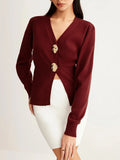 Fongt Women's V-Neck Button Knitted Knitted Sweater