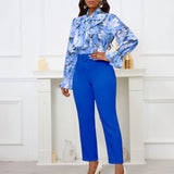 Fongt New Fashion Print Strap Long-Sleeved Top High-Waisted Trousers Set